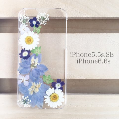 ナチュラルブルー 押し花 iPhone ケース