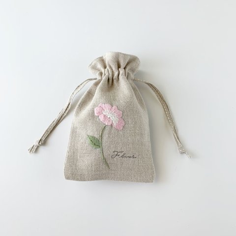 花の手刺繍の巾着袋