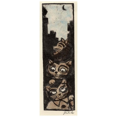 【銅版画】猫の銅版画 ★ 藤宮史(フジミヤ フヒト)　タイトル／三匹と月