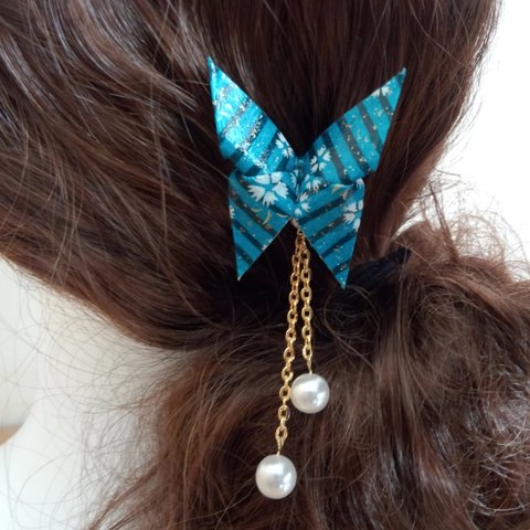 手染友禅和紙使用　おりがみパールかんざし髪飾り　青い蝶