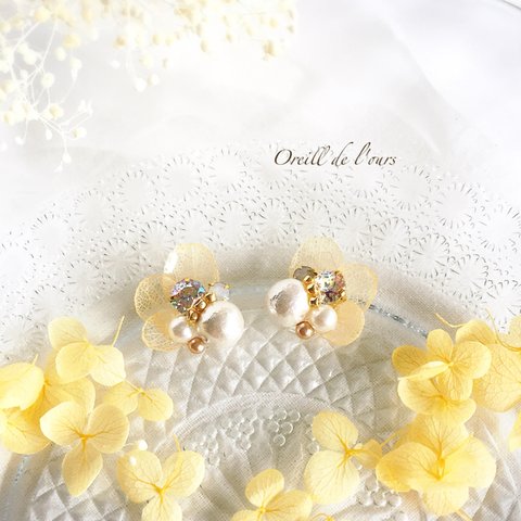 春の黄色♡紫陽花とビジューのピアス/ノンホールピアス