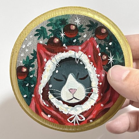 原画 丸いクリスマスの猫のイラスト⑤ アニマル 壁掛け 飾り