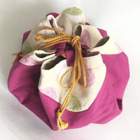 花巾着　和柄　パステル☆ワイン色　Flower drawstring  bag for kimono with Japanese pattern pastel ☆ wine color