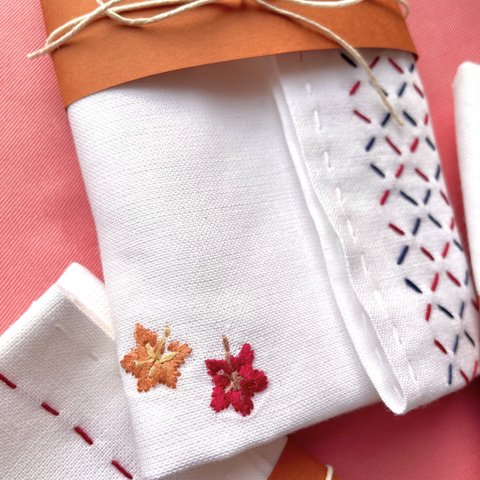 【もみじ紅葉】単品カート/秋柄チェック🍂刺繍 刺し子さらしふきん