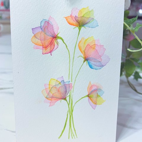 水彩画　絵画　原画『抽象画-虹色の花々』