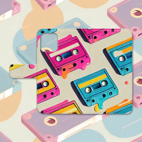 昭和レトロなカセットテープイラスト手帳型スマホケース【2】　iPhone Android各機種対応 