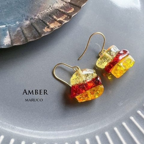 【4/30 ぷるうん工房様専用◆御売約】　　PP380-579琥珀 recycle AMBER*天然石ピアス  Stainless  *送料無料*　イヤリング＆樹脂ピアス交換OK　