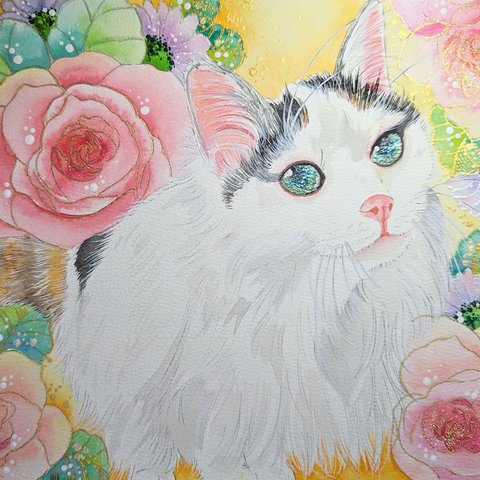 水彩画・うちの子似顔絵全身画・A4サイズ