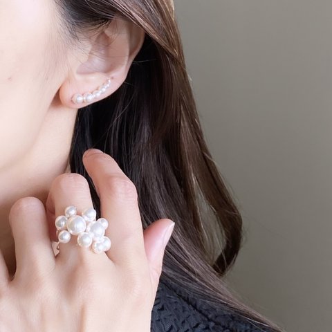 【卒入園、卒入学にも】2way 3way  パールアクセサリーセット　pearl clip lux イヤーカフ　ピアス & Shine 指輪