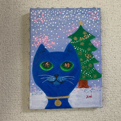 猫好き‼︎クリスマスアートパネル＊ラッキーブルーキャット