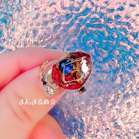 【茜🌹】赤ローズジャム薔薇のドライフラワーガラス製ビジューラインストーン花とゴールドカッティングリング