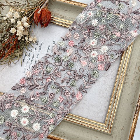 【50cm単位】インド刺繍リボン 80ｍｍ 幅広 50cm 単位売り rin-0041 ピンク