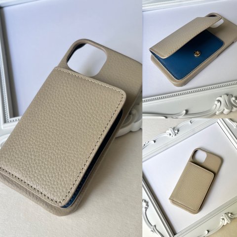 名入れ可　iphone 本革　レザー カード 収納  名入れ レザーiphoneケース  greige navy