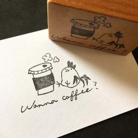 ニワトリとホットコーヒーのはんこ ゴム版はんこ