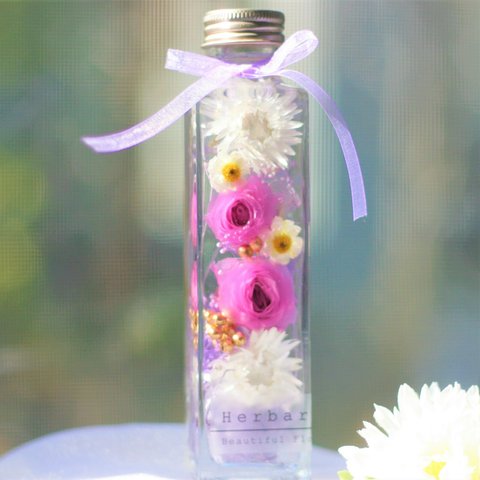 お花いっぱい♡ハーバーリウム★パープルローズ・17㎝角ボトル