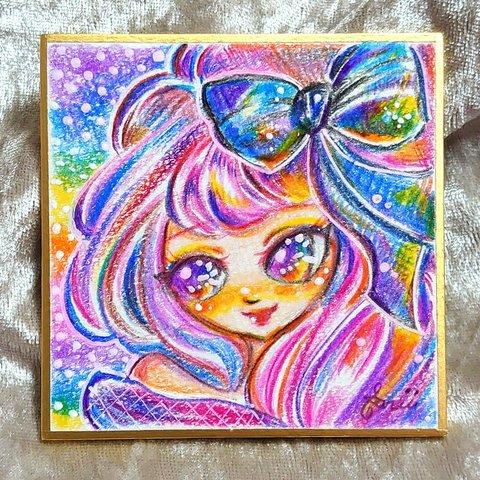 🎨Colorful ribbon🎀【7.6×7.6センチ  豆色紙  原画イラスト】