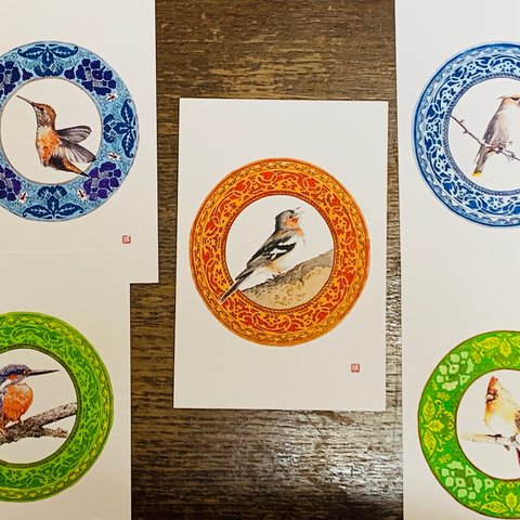ポストカードサイズ　5枚セット　小鳥イラスト　色鉛筆画