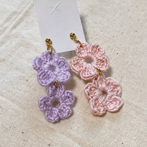 【ピンク&ラベンダー】コットン花ピアス