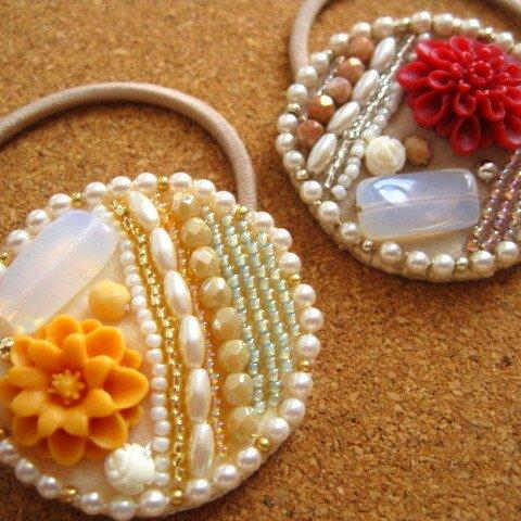 【特価】ビーズ刺繍×フラワーカボションヘアゴム