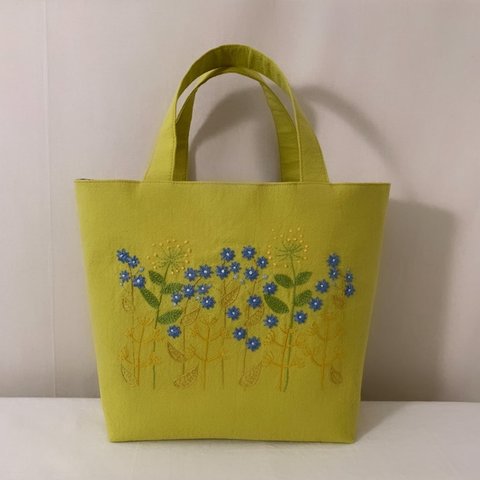 【B5大サイズ】草花手刺繍･綿麻トートバッグ    イエロー【くが屋】