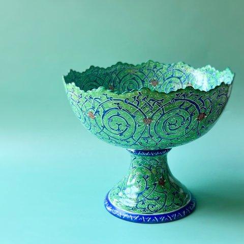 ペルシャの飾り皿（ミーナーカーリー）エメラルド L　Φ12cｍ　高坏　コンポート皿【MINAKARI-P004】