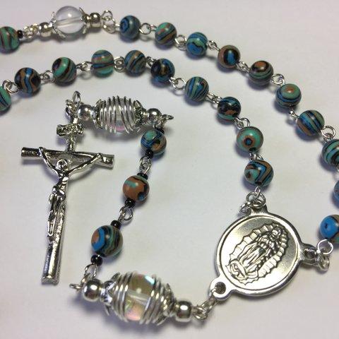 ロザリオ【１点物】(53)ブルーマラカイト＆シャインクリスタルガラスRosaryBlue Malachite,Shine crystal glass,Catholic Prayer Beads