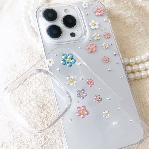 【mariaglace】パステルフラワー デコスマホケース iPhone15pro iPhone14 iPhone13mini