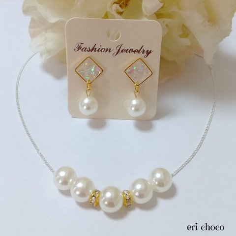 華やかホワイトパールネックレス&シェルピアス(イヤリング)セット