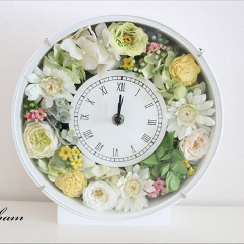 【受注制作】結婚式・両親贈呈用に　花時計 ガーベラ・薔薇・カランコエシリーズ　グリーンイエロー　フラワー時計