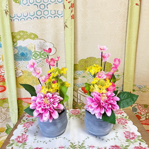  【数量限定】ひな祭りアレンジメント　1対　造花　アーティフィシャルアレンジメント　桜　菜の花　　No.070