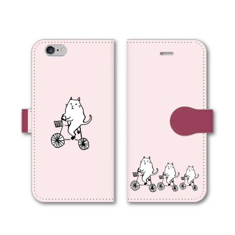 【全機種対応】ちょっとそこまで猫　ピンク×ワイン　手帳型iphone/スマホケース【多機種対応】