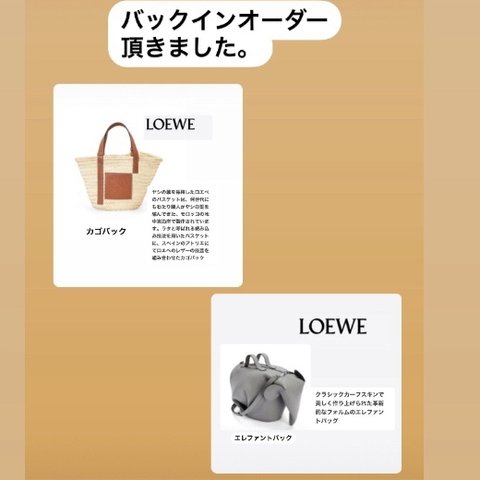 オーダーメイドご紹介ページ　ロエベ　①カゴバック　茶巾付きバックイン、②エレファントバック用バックインオーダー頂きました。