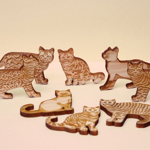ベンガル、アメショー、シャム猫、トラネコ シール　天然木 ヒノキに彫刻　8点セット ネコシール