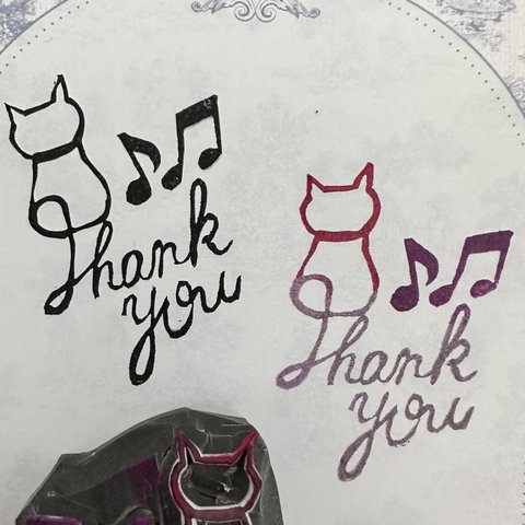 【新作】消しゴムはんこ　猫と音楽thank youはんこ　スタンプ　サンキュー　感謝　ありがとう