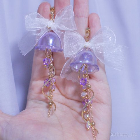 sugary jewelry fish【ロリィタ/ロリータ　マーメイド　人魚姫　オーロラ　サックスブルー　リボン　パール　ピアス／イヤリング】