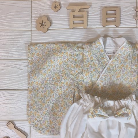 ベビー袴　小花柄yellow × white