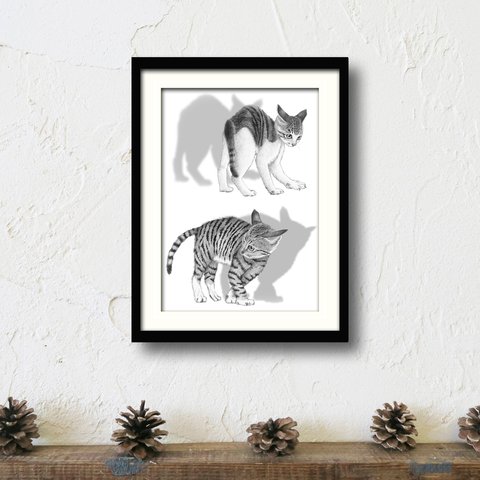 【イカ耳子猫ポスター】猫のアートプリント　モノクロペン画