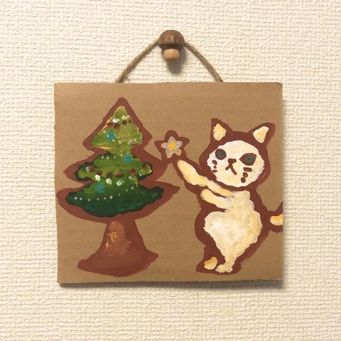 【送料無料】 ダンボール原画   「クリスマス  星を飾る猫」