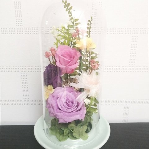 お供え花🌸仏壇　ガラス花器28㎝　プリザーブドフラワー　白菊　 薔薇　２５ｃｍ