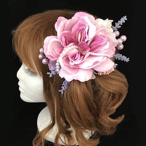 花の髪飾り　ヘッドドレス　ホワイトラベンダーローズ　結婚式 パーティー お呼ばれ プレゼント　1907-WR