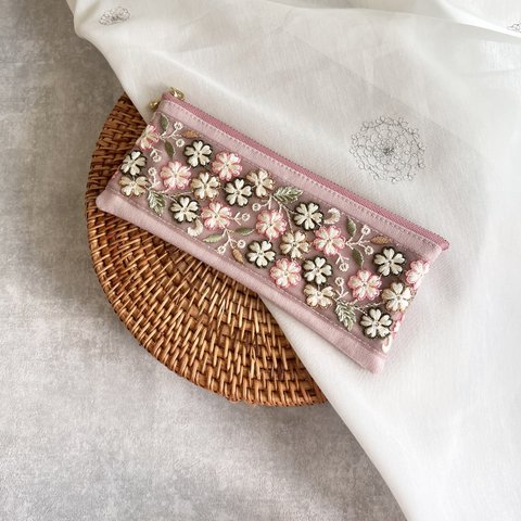 インド刺繍×帆布/フラットタイプ ペンケース・ペンポーチ