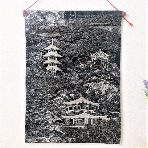 帯の掛け軸(ｺﾝﾊﾟｸﾄ) 寺院と五重塔／タペストリー／壁掛け／飾り／帯リメイク／kakejiku／tapestry／obi／212