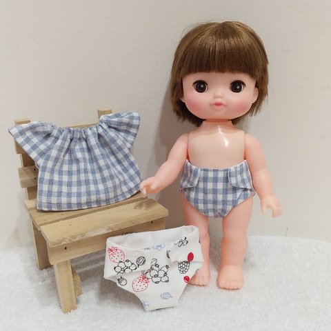 レミン ちゃん　オムツ 2枚　トップス　お世話 セット　メルちゃん オムツ　洋服　水色　チェック　