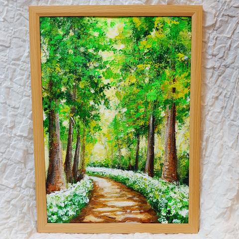 油絵 絵画 森の白い花道
