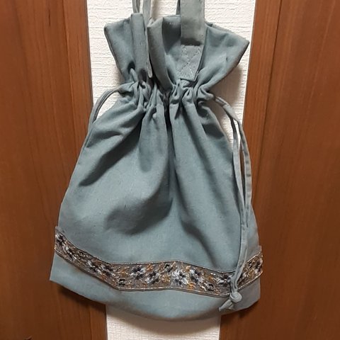 インド刺繍リボン　巾着ショルダーバック　ブルーグレー