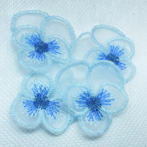 刺繍　レース　お花パーツ　パンジー　ビオラ　オーガンジー　レースフラワー　水色B 5枚セット