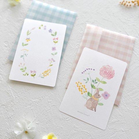 春のお花畑とギンガムチェックのメッセージカード