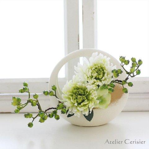 輪菊の仏花＜あけぼの Sサイズ＞ ホワイトグリーン プリザーブドフラワー お供え花