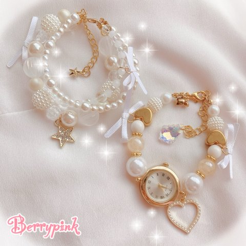 Berrypink♡じゃらじゃらビーズブレスレット♡腕時計♡2点セット♡ホワイト