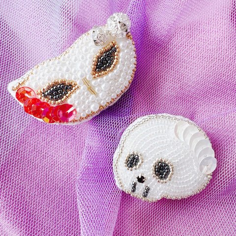 【ビーズ刺繍】ハロウィン　マスカレード　スケルトン　ブローチセット